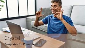  Presentation with sign language - Presentation design featuring young-hispanic-man-gesturing-sign background and a coral colored foreground