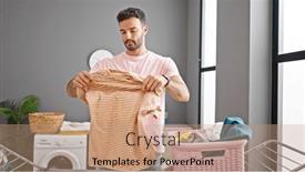  Presentation with laundry room - PPT layouts consisting of young-hispanic-man-hanging-clothes and a coral colored foreground