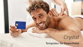  Presentation with credit card - Slide set with young-hispanic-man-having-back background and a lemonade colored foreground