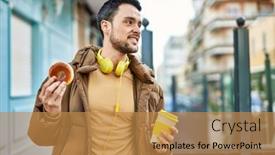  Presentation with breakfast - Colorful presentation theme enhanced with young-hispanic-man-having-breakfast backdrop and a gold colored foreground