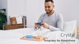  Presentation with video game - Presentation design enhanced with young-hispanic-man-having-breakfast background and a  colored foreground