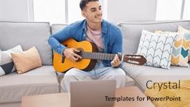  Presentation with classical guitar - Presentation featuring young-hispanic-man-having-online background and a coral colored foreground