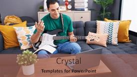  Presentation with guitar class - Slide deck having young-hispanic-man-having-online background and a coral colored foreground