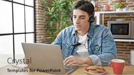  Presentation with taking notes - PPT theme enhanced with young-hispanic-man-having-online background and a  colored foreground