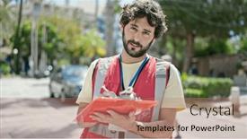  Presentation with survey - Presentation theme having young-hispanic-man-having-survey background and a  colored foreground