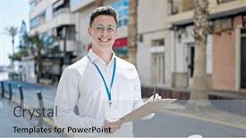  Presentation with survey - Slide set enhanced with young-hispanic-man-having-survey background and a light blue colored foreground