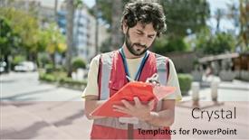  Presentation with survey - Slide deck consisting of young-hispanic-man-having-survey and a coral colored foreground