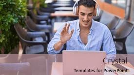  Presentation with coffee shop - Slide deck with young-hispanic-man-having-video background and a soft green colored foreground