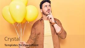  Presentation with balloons - Presentation consisting of young-hispanic-man-holding-balloons background and a yellow colored foreground