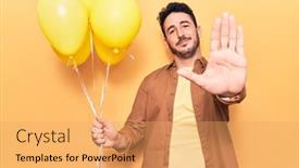  Presentation with balloons - Slides with young-hispanic-man-holding-balloons background and a yellow colored foreground