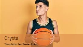  Presentation with basketball referee holding a basketball - Theme enhanced with young-hispanic-man-holding-basketball background and a gold colored foreground