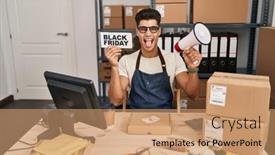  Presentation with friday - PPT theme featuring young-hispanic-man-holding-black background and a coral colored foreground