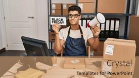  Presentation with friday - Slides with young-hispanic-man-holding-black background and a coral colored foreground