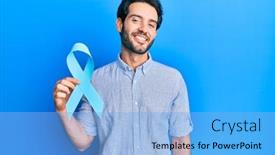  Presentation with blue ribbon - Presentation featuring young-hispanic-man-holding-blue background and a light blue colored foreground