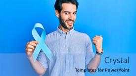  Presentation with blue ribbon - Slides enhanced with young-hispanic-man-holding-blue background and a light blue colored foreground