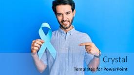 Presentation with blue ribbon - Presentation theme featuring young-hispanic-man-holding-blue background and a light blue colored foreground
