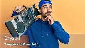  Presentation with old wite man and his music - Audience pleasing slide deck consisting of young-hispanic-man-holding-boombox backdrop and a ocean colored foreground