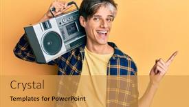  Presentation with listening - Audience pleasing PPT theme consisting of young-hispanic-man-holding-boombox backdrop and a yellow colored foreground