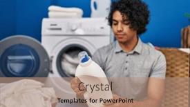  Presentation with laundry detergent - Presentation theme having young-hispanic-man-holding-bottle background and a coral colored foreground