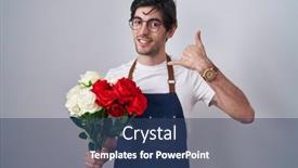  Presentation with red telephone - Presentation design enhanced with young-hispanic-man-holding-bouquet background and a ocean colored foreground