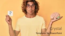  Presentation with brain - PPT theme with young-hispanic-man-holding-brain background and a yellow colored foreground