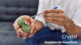  Presentation with brain - PPT theme having young-hispanic-man-holding-brain background and a navy blue colored foreground