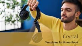  Presentation with headphones - Slides enhanced with young-hispanic-man-holding-broke background and a gold colored foreground
