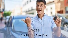  Presentation with car key - Presentation theme enhanced with young-hispanic-man-holding-car background and a light blue colored foreground