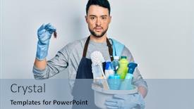  Presentation with natural products - Audience pleasing theme consisting of young-hispanic-man-holding-cleaning backdrop and a light blue colored foreground