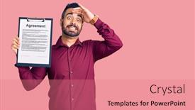  Presentation with stressed - Colorful presentation design enhanced with young-hispanic-man-holding-clipboard backdrop and a coral colored foreground