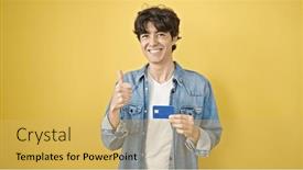  Presentation with credit card - PPT theme having young-hispanic-man-holding-credit background and a yellow colored foreground