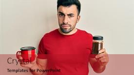  Presentation with coffee cup - Slide set consisting of young-hispanic-man-holding-cup background and a crimson colored foreground