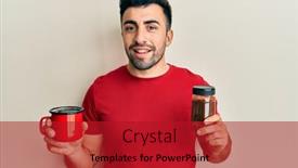  Presentation with cup coffee - Colorful presentation design enhanced with young-hispanic-man-holding-cup backdrop and a crimson colored foreground