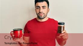  Presentation with coffee cup - Amazing slide deck having young-hispanic-man-holding-cup backdrop and a crimson colored foreground
