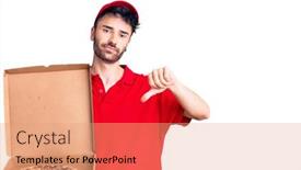 Presentation with pizza delivery - Audience pleasing presentation design consisting of young-hispanic-man-holding-delivery backdrop and a coral colored foreground