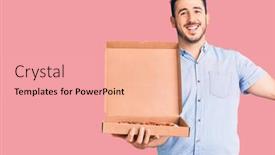  Presentation with pizza delivery - PPT theme enhanced with young-hispanic-man-holding-delivery background and a coral colored foreground