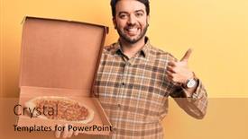  Presentation with pizza delivery - Cool new PPT theme with young-hispanic-man-holding-delivery backdrop and a coral colored foreground