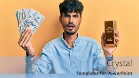  Presentation with hispanic - Colorful slide set enhanced with young-hispanic-man-holding-dollars backdrop and a light blue colored foreground