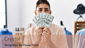  Presentation with hispanic - Presentation theme having young-hispanic-man-holding-dollars background and a coral colored foreground