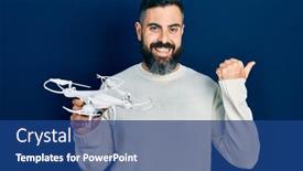  Presentation with drone - Beautiful PPT theme featuring young-hispanic-man-holding-drone backdrop and a ocean colored foreground