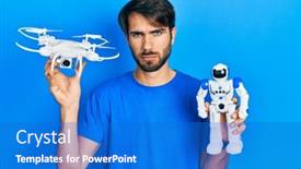  Presentation with robot toy - Slides having young-hispanic-man-holding-drone background and a cobalt blue colored foreground