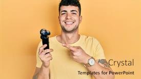  Presentation with electric - PPT theme having young-hispanic-man-holding-electric background and a yellow colored foreground