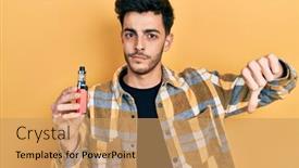  Presentation with electronic - PPT theme consisting of young-hispanic-man-holding-electronic background and a coral colored foreground