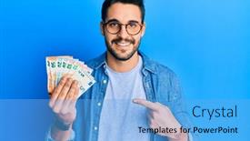  Presentation with euro - Presentation featuring young-hispanic-man-holding-euro background and a light blue colored foreground