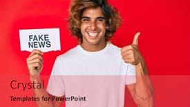  Presentation with fake news - PPT theme consisting of young-hispanic-man-holding-fake background and a red colored foreground