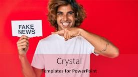  Presentation with fake news - Beautiful slide deck featuring young-hispanic-man-holding-fake backdrop and a red colored foreground