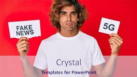  Presentation with fake news - PPT theme with young-hispanic-man-holding-fake background and a sky blue colored foreground