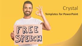  Presentation with free speech - Slide deck enhanced with young-hispanic-man-holding-free background and a yellow colored foreground