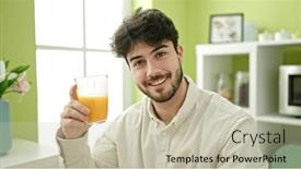  Presentation with orange juice - Presentation theme enhanced with young-hispanic-man-holding-glass background and a soft green colored foreground