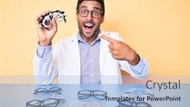  Presentation with optic - Beautiful presentation featuring young-hispanic-man-holding-glasses backdrop and a light blue colored foreground
